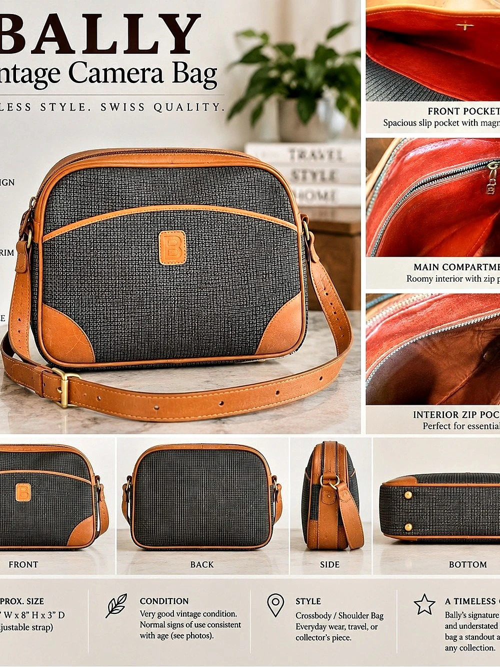Bally Vintage Canvas and Leather Camera Crossbody Bag Black & Brown